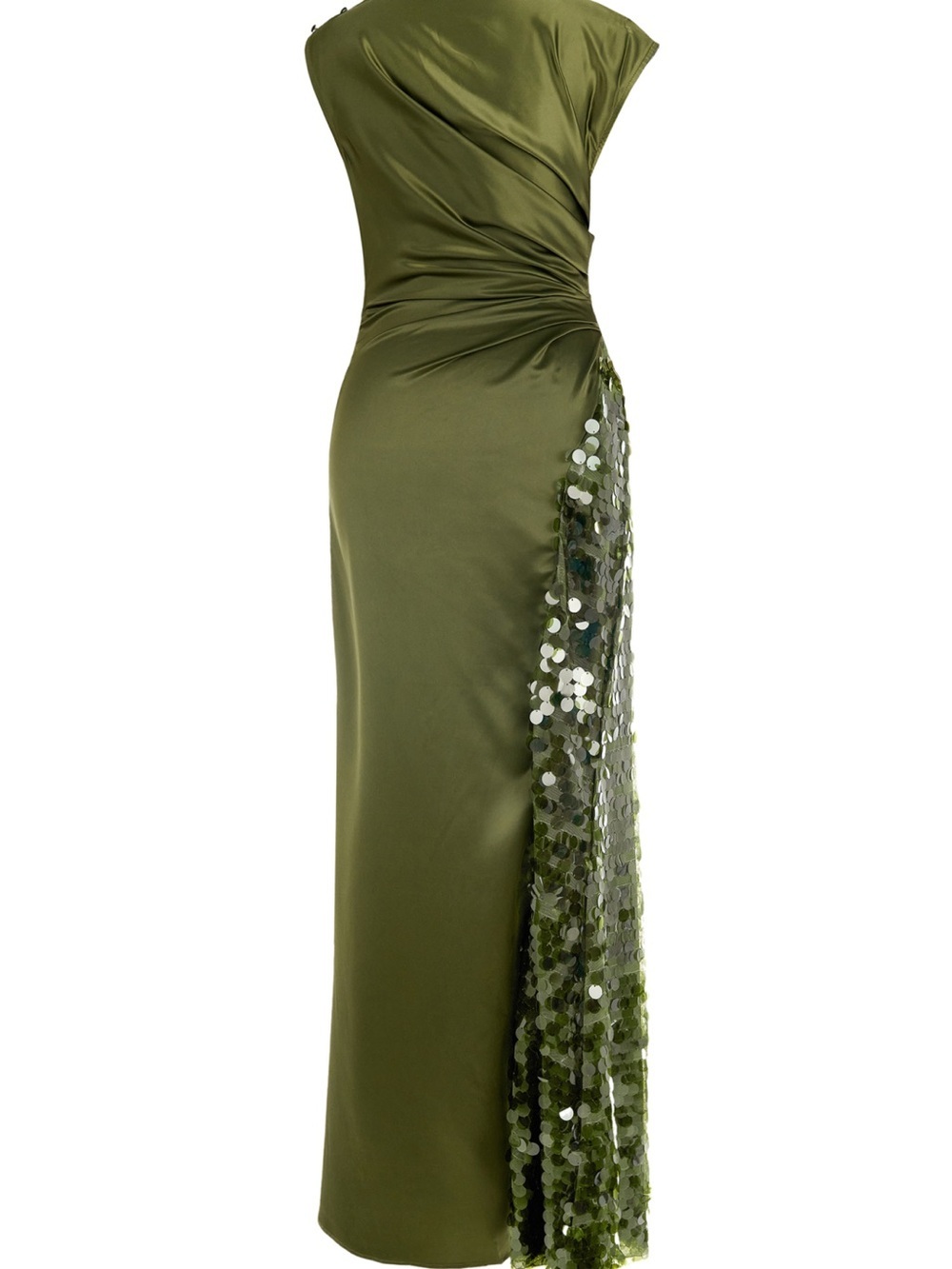 Violet Aurora Olive Green Sequin Satin High Slit Formal Gown Size L NWT - Picture 6 of 11
